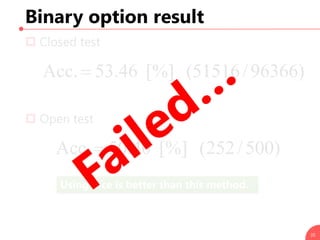 Using dice is better than this method.
Binary option result
 Closed test
 Open test
35
)96366/51516([%]46.53Acc.
)500/2...
