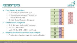 REGISTERS
 Four classes of registers:
 S: 32-bit, Single-precision FP or Int
 D: 64-bit, Double-precision FP or Long Int
 Q: 128-bit, Packed data.
 C: 1-bit, Control Registers (Compares)
 Fixed number of registers
 S, D, Q share a single pool of resources
 S + 2*D + 4*Q <= 128
 Up to 128 S or 64 D or 32 Q (or a blend)
 Register allocation done in high-level compiler
 Finalizer doesn’t perform expensive register allocation
c0
c1
c2
c3
c4
c5
c6
c7
s0
d0
q0
s1
s2
d1
s3
s4
d2
q1
s5
s6
d3
s7
s8
d4
q2
s9
s10
d5
s11
…
s120
d60
q30
s121
s122
d61
s123
s124
d62
q31
s125
s126
d63
s127
© Copyright 2014 HSA Foundation. All Rights Reserved
 