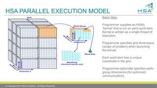 HSA PARALLEL EXECUTION MODEL
Basic Idea:
Programmer supplies an HSAIL
“kernel” that is run on each work-item.
Kernel is written as a single thread of
execution.
Programmer specifies grid dimensions
(scope of problem) when launching
the kernel.
Each work-item has a unique
coordinate in the grid.
Programmer optionally specifies work-
group dimensions (for optimized
communication).
© Copyright 2014 HSA Foundation. All Rights Reserved
 