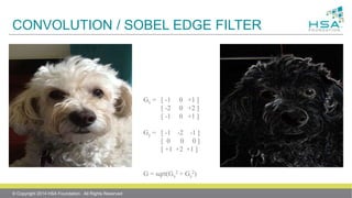 CONVOLUTION / SOBEL EDGE FILTER
Gx = [ -1 0 +1 ]
[ -2 0 +2 ]
[ -1 0 +1 ]
Gy = [ -1 -2 -1 ]
[ 0 0 0 ]
[ +1 +2 +1 ]
G = sqrt(Gx
2 + Gy
2)
© Copyright 2014 HSA Foundation. All Rights Reserved
 