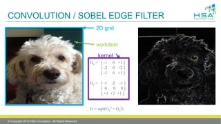 CONVOLUTION / SOBEL EDGE FILTER
Gx = [ -1 0 +1 ]
[ -2 0 +2 ]
[ -1 0 +1 ]
Gy = [ -1 -2 -1 ]
[ 0 0 0 ]
[ +1 +2 +1 ]
G = sqrt(Gx
2 + Gy
2)
2D grid
workitem
kernel
© Copyright 2014 HSA Foundation. All Rights Reserved
 