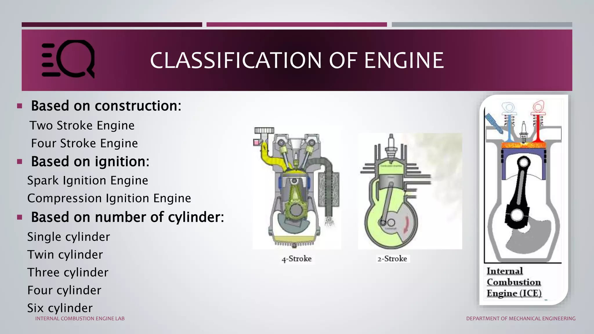  Based on construction:
Two Stroke Engine
Four Stroke Engine
 Based on ignition:
Spark Ignition Engine
Compression Ignition Engine
 Based on number of cylinder:
Single cylinder
Twin cylinder
Three cylinder
Four cylinder
Six cylinder
CLASSIFICATION OF ENGINE
INTERNAL COMBUSTION ENGINE LAB DEPARTMENT OF MECHANICAL ENGINEERING
 