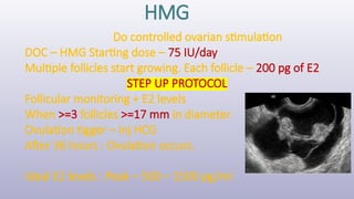 HMG
Do controlled ovarian stimulation
DOC – HMG Starting dose – 75 IU/day
Multiple follicles start growing. Each follicle – 200 pg of E2
STEP UP PROTOCOL
Follicular monitoring + E2 levels
When >=3 follicles >=17 mm in diameter
Ovulation tigger – Inj HCG
After 36 hours : Ovulation occurs.
Ideal E2 levels : Peak – 500 – 1500 pg/ml
 