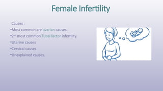 Female Infertility
Causes :
•Most common are ovarian causes.
•2nd
most common Tubal factor infertility.
•Uterine causes
•Cervical causes
•Unexplained causes.
 