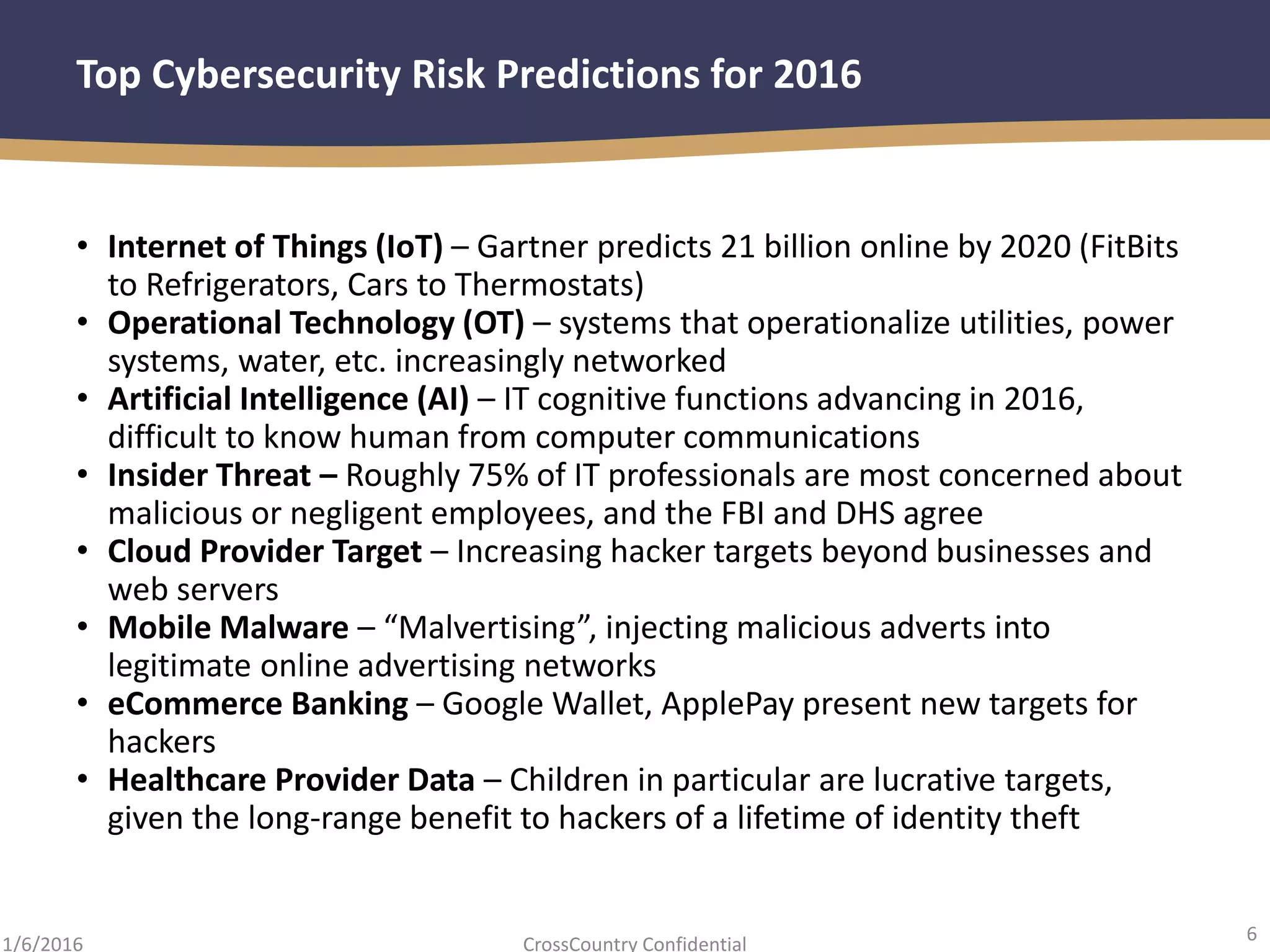 6
CrossCountry Confidential1/6/2016
Top Cybersecurity Risk Predictions for 2016
• Internet of Things (IoT) – Gartner predicts 21 billion online by 2020 (FitBits
to Refrigerators, Cars to Thermostats)
• Operational Technology (OT) – systems that operationalize utilities, power
systems, water, etc. increasingly networked
• Artificial Intelligence (AI) – IT cognitive functions advancing in 2016,
difficult to know human from computer communications
• Insider Threat – Roughly 75% of IT professionals are most concerned about
malicious or negligent employees, and the FBI and DHS agree
• Cloud Provider Target – Increasing hacker targets beyond businesses and
web servers
• Mobile Malware – “Malvertising”, injecting malicious adverts into
legitimate online advertising networks
• eCommerce Banking – Google Wallet, ApplePay present new targets for
hackers
• Healthcare Provider Data – Children in particular are lucrative targets,
given the long-range benefit to hackers of a lifetime of identity theft
 