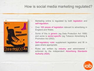 How is social media marketing regulated?Marketing online is regulated by both legislation and self-regulation.