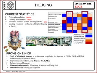 COEP LIVING ON THE
EDGEHOUSING
PROVISIONS IN DP
 Stock of affordable housing to be increased by policies like increase in FSI for EWS, MHADA
and slum redevelopment schemes.
 Implementation of Rajiv Awas Yojana, BSUP, SRA.
 Policies in rental housing.
 Cluster development for dilapidated structures in old city limit.
 Transit oriented housing development.
CURRENT STATISTICS
 Projected population – 33,56,121
 Housing requirement – 6,58,975
 Total land required to meet housing demand – 3,515
 Existing condition – no land available for housing
in the city
Source – Pune DP 2007 - 2027
 