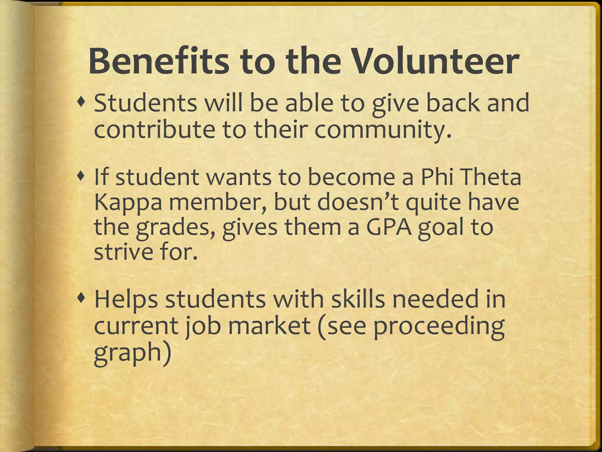 Students will be able to give back and contribute to their community.If student wants to become a Phi Theta Kappa member, but doesn’t quite have the grades, gives them a GPA goal to strive for.Helps students with skills needed in current job market (see proceeding graph)Benefits to the Volunteer
