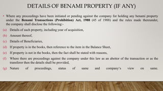 DETAILS OF BENAMI PROPERTY (IF ANY)
• Where any proceedings have been initiated or pending against the company for holding any benami property
under the Benami Transactions (Prohibition) Act, 1988 (45 of 1988) and the rules made thereunder,
the company shall disclose the following:-
(a) Details of such property, including year of acquisition,
(b) Amount thereof,
(c) Details of Beneficiaries,
(d) If property is in the books, then reference to the item in the Balance Sheet,
(e) If property is not in the books, then the fact shall be stated with reasons,
(f) Where there are proceedings against the company under this law as an abettor of the transaction or as the
transferor then the details shall be provided,
(g) Nature of proceedings, status of same and company‘s view on same.
 