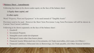 Balance Sheet – Amendments
Following line items to be shown under equity on the face of the balance sheet:
i) Equity share capital, and
ii) other equity
Word “Property, Plant and Equipment” to be used instead of “Tangible Assets”.
Provision word to be used . However the Short Term Provisions/ Long Term Provisions will still be shown in
Current/ Non Current Liabilities.
Following to be shown separately on the face of the balance sheet :
1. Goodwill
2. Investment Property
3. Intangible assets under development
4. Biological Assets other than bearer plants
5. Financial Assets( Bifurcated into (i) Investments, (ii) Trade receivables, (iii) Loans, (iv) Others )
6. Financial Liabilities ( Bifurcated into (i) Borrowings, (ii) Trade payable, (iii) Other financial liabilities
).
 