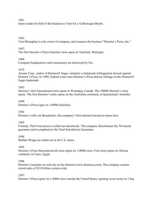 1961
James trades his half of the business to Tom for a Volkswagen Beetle.



1965
Tom Monaghan is sole owner of company, and renames the business "Domino´s Pizza, Inc."

1967
The first Domino´s Pizza franchise store opens in Ypsilanti, Michigan.

1968
Company headquarters and commissary are destroyed by fire.

1975
Amstar Corp., maker of Domino® Sugar, institutes a trademark infringement lawsuit against
Domino’s Pizza. In 1980, Federal court rules Domino’s Pizza did not infringe on the Domino®
Sugar trademark.

1983
Domino’s first international store opens in Winnipeg, Canada. The 1000th Domino’s store
opens. The first Domino’s store opens on the Australian continent, in Queensland, Australia.

1990
Domino’s Pizza signs its 1,000th franchise.

1992
Domino’s rolls out Breadsticks, the company’s first national non-pizza menu item.

1993
Crunchy Thin Crust pizza is rolled out nationwide. The company discontinues the 30-minute
guarantee and re-emphasizes the Total Satisfaction Guarantee.

1994
Buffalo Wings are rolled out in all U.S. stores.

1995
Domino’s Pizza International division opens its 1,000th store. First store opens on African
continent, in Cairo, Egypt.

1996
Domino’s launches its web site on the Internet (www.dominos.com). The company reaches
record sales of $2.8 billion system-wide.

1997
Domino’s Pizza opens its 1,500th store outside the United States, opening seven stores in 1 day
 