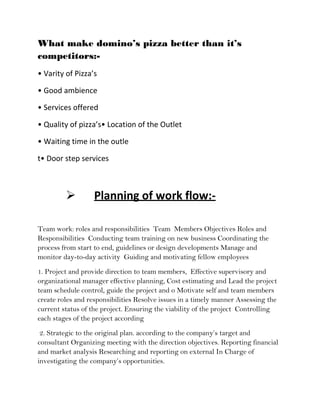 What make domino’s pizza better than it’s
competitors:-
• Varity of Pizza’s

• Good ambience

• Services offered

• Quality of pizza’s• Location of the Outlet

• Waiting time in the outle

t• Door step services



                  Planning of work flow:-

Team work: roles and responsibilities Team Members Objectives Roles and
Responsibilities Conducting team training on new business Coordinating the
process from start to end, guidelines or design developments Manage and
monitor day-to-day activity Guiding and motivating fellow employees
1. Project and provide direction to team members, Effective supervisory and
organizational manager effective planning, Cost estimating and Lead the project
team schedule control, guide the project and o Motivate self and team members
create roles and responsibilities Resolve issues in a timely manner Assessing the
current status of the project. Ensuring the viability of the project Controlling
each stages of the project according
 2. Strategic to the original plan. according to the company’s target and
consultant Organizing meeting with the direction objectives. Reporting financial
and market analysis Researching and reporting on external In Charge of
investigating the company’s opportunities.
 