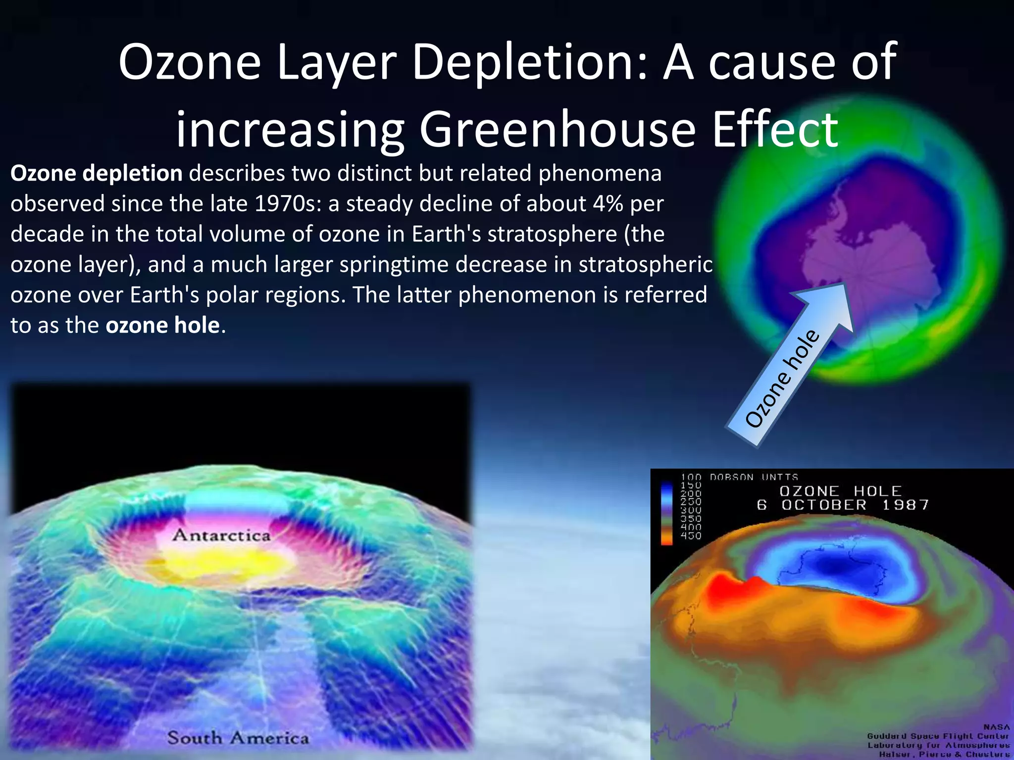 Ozone Layer Depletion: A cause of
            increasing Greenhouse Effect
Ozone depletion describes two distinct but related phenomena
observed since the late 1970s: a steady decline of about 4% per
decade in the total volume of ozone in Earth's stratosphere (the
ozone layer), and a much larger springtime decrease in stratospheric
ozone over Earth's polar regions. The latter phenomenon is referred
to as the ozone hole.
 