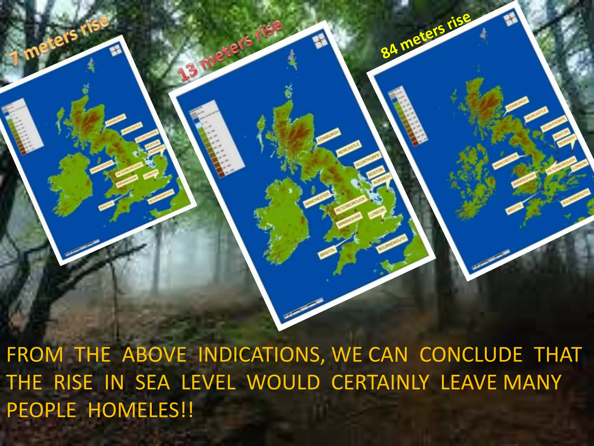 FROM THE ABOVE INDICATIONS, WE CAN CONCLUDE THAT
THE RISE IN SEA LEVEL WOULD CERTAINLY LEAVE MANY
PEOPLE HOMELES!!
 