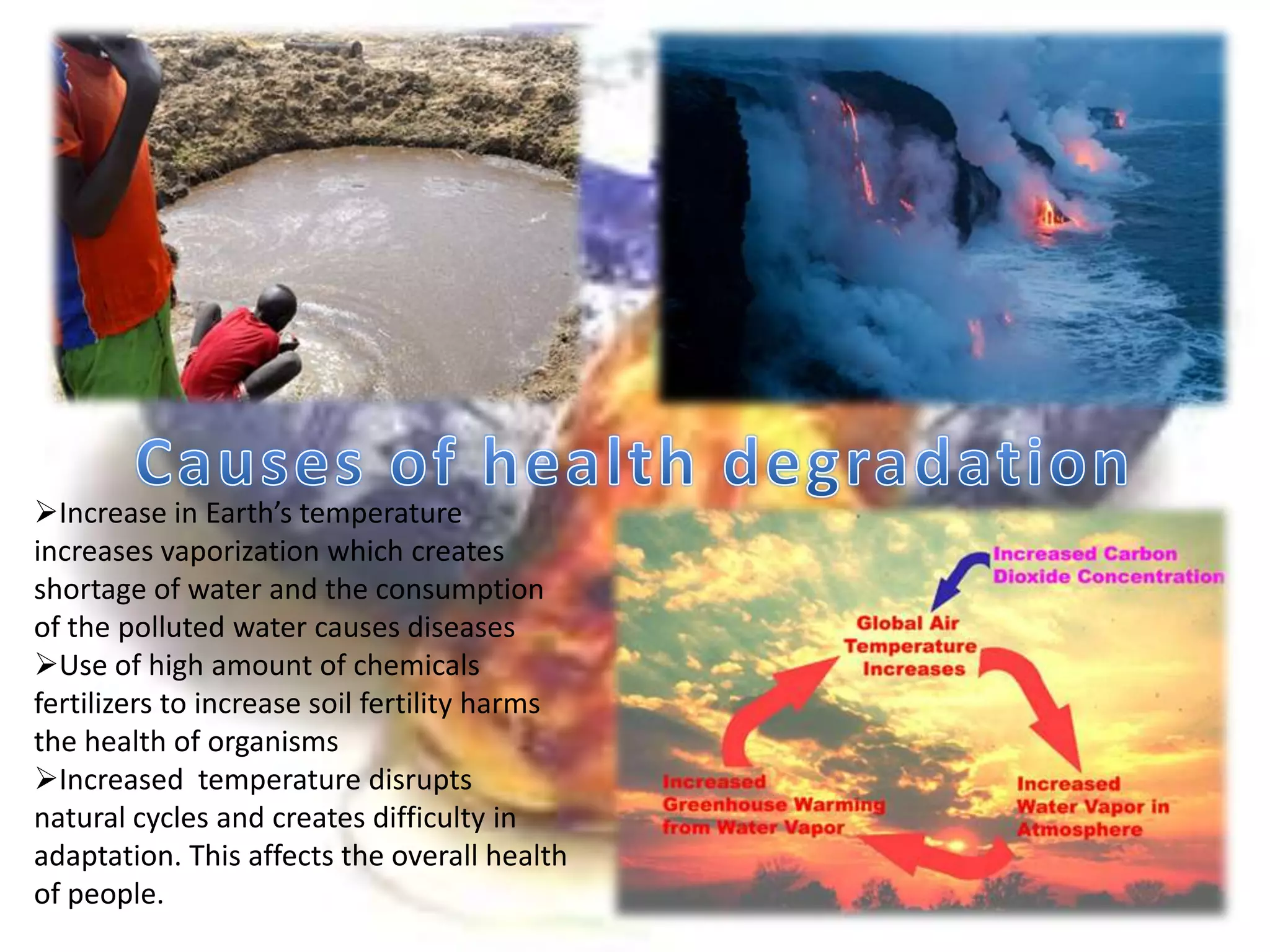Increase in Earth’s temperature
increases vaporization which creates
shortage of water and the consumption
of the polluted water causes diseases
Use of high amount of chemicals
fertilizers to increase soil fertility harms
the health of organisms
Increased temperature disrupts
natural cycles and creates difficulty in
adaptation. This affects the overall health
of people.
 
