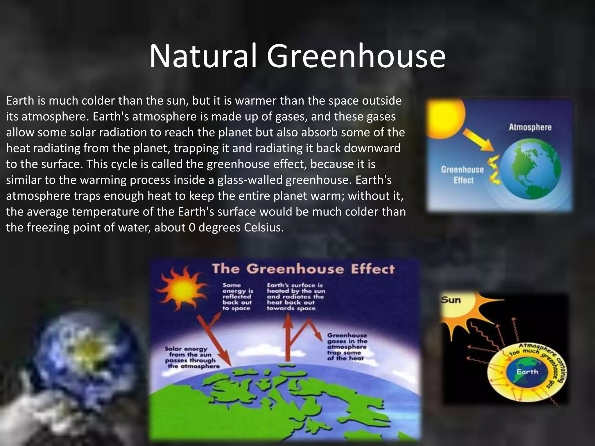 Natural Greenhouse
Earth is much colder than the sun, but it is warmer than the space outside
its atmosphere. Earth's atmosphere is made up of gases, and these gases
allow some solar radiation to reach the planet but also absorb some of the
heat radiating from the planet, trapping it and radiating it back downward
to the surface. This cycle is called the greenhouse effect, because it is
similar to the warming process inside a glass-walled greenhouse. Earth's
atmosphere traps enough heat to keep the entire planet warm; without it,
the average temperature of the Earth's surface would be much colder than
the freezing point of water, about 0 degrees Celsius.
 