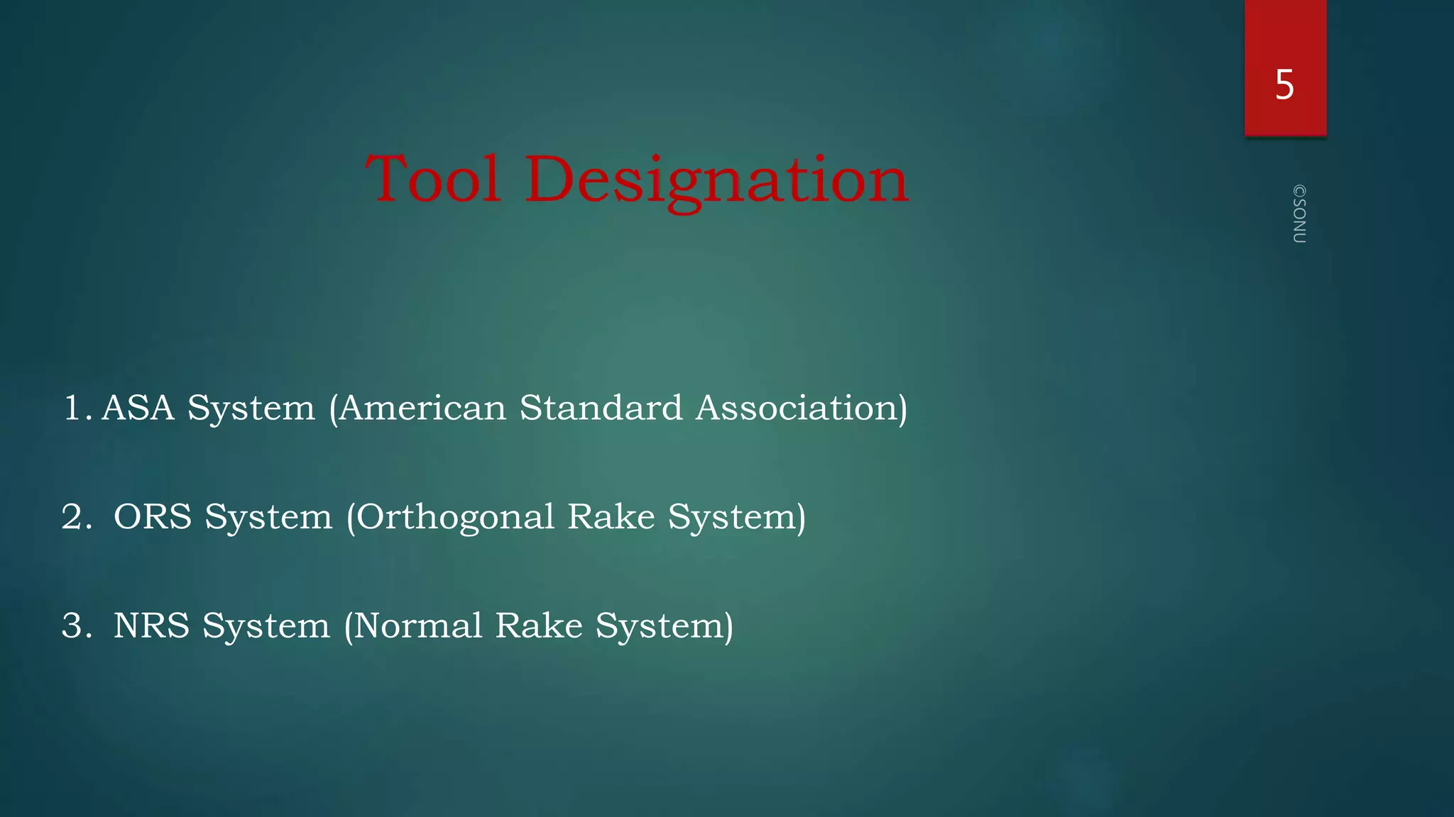 5
Tool Designation
1. ASA System (American Standard Association)
2. ORS System (Orthogonal Rake System)
3. NRS System (Normal Rake System)
 
