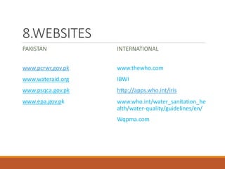 8.WEBSITES
PAKISTAN
www.pcrwr,gov.pk
www.wateraid.org
www.psqca.gov.pk
www.epa.gov.pk
INTERNATIONAL
www.thewho.com
IBWI
http://apps.who.int/iris
www.who.int/water_sanitation_he
alth/water-quality/guidelines/en/
Wqpma.com
 