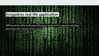 Avogadros real life application
When we breathe molecules fill up our lungs and it expand, exhaling
decreases the volume of our lungs
 