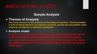 BAKOO Vs KHPC on (CFD)
Sample Analysis
 Themes of Analysis
This study focuses on two problems in the safety of explosion. The first problem
is how far flying objects in an explosion would fly, and the second problem, what
impact an air blast by an explosion would have.
 Analysis model
A sphere of 14 mm in diameter was used in the calculations as the
shape of the flying objects. Calculations for each Mach number
were performed under conditions in which flying objects fly above
the ground (pressure 101325 Pa, temperature 288.15 K, air density
1.225 kg/m3).
 