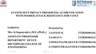 AN EFFICIENT PRIVACY PRESERVING AUTHENTICATION
WITH INSIDER ATTACK RESISTANCE FOR VANET
Presented by
1.SANJAY K (722820106116)
2.SARAN S (722820106121)
3.SOMANSANKARA P R (722820106134)
4.VISHNUPRASANTH B (722820106159)
Guided by
Mrs. K.Suganyadevi.,M.E.,(Ph.D.,)
ASSISTANT PROFESSOR
DEPARTMENT OF ECE
SRI ESHWAR COLLEGE OF
ENGINEERING.
21-11-2023 1
Batch no : 13
 