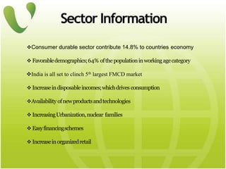 Consumer durable sector contribute 14.8% to countries economy
 Favorabledemographics;64% ofthe populationinworkingagecategory
India is all set to clinch 5th largest FMCD market
 Increaseindisposableincomes;whichdrives consumption
Availability ofnewproductsandtechnologies
 IncreasingUrbanization,nuclear families
 Easyfinancingschemes
 Increaseinorganizedretail
Sector Information
 