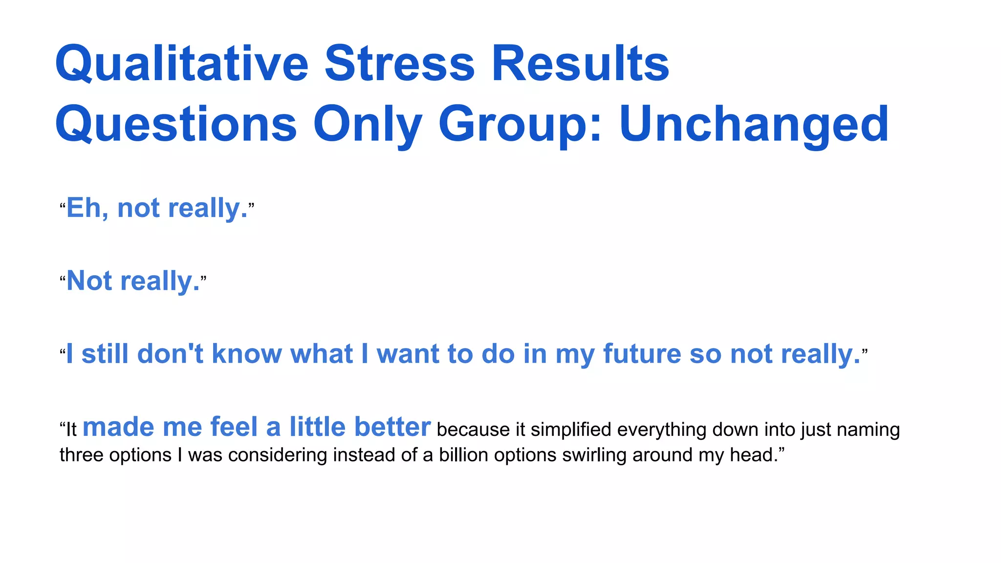 “Eh, not really.”
“Not really.”
“I still don't know what I want to do in my future so not really.”
“It made me feel a little better because it simplified everything down into just naming
three options I was considering instead of a billion options swirling around my head.”
Qualitative Stress Results
Questions Only Group: Unchanged
 