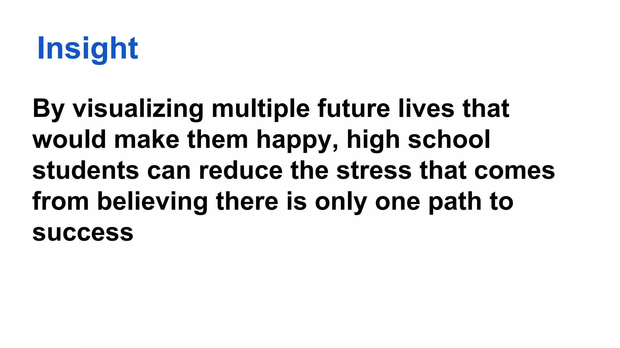 Insight
By visualizing multiple future lives that
would make them happy, high school
students can reduce the stress that comes
from believing there is only one path to
success
 