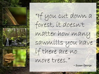 “If you cut down a
forest, it doesn't
matter how many
sawmills you have
if there are no more
trees.”
~ Susan George
“If you cut down a
forest, it doesn't
matter how many
sawmills you have
if there are no
more trees.”
~ Susan George
 