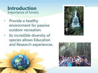 • Provide a healthy
environment for passive
outdoor recreation.
• Its incredible diversity of
species allows Education
and Research experiences.
Introduction
Importance of forests
 