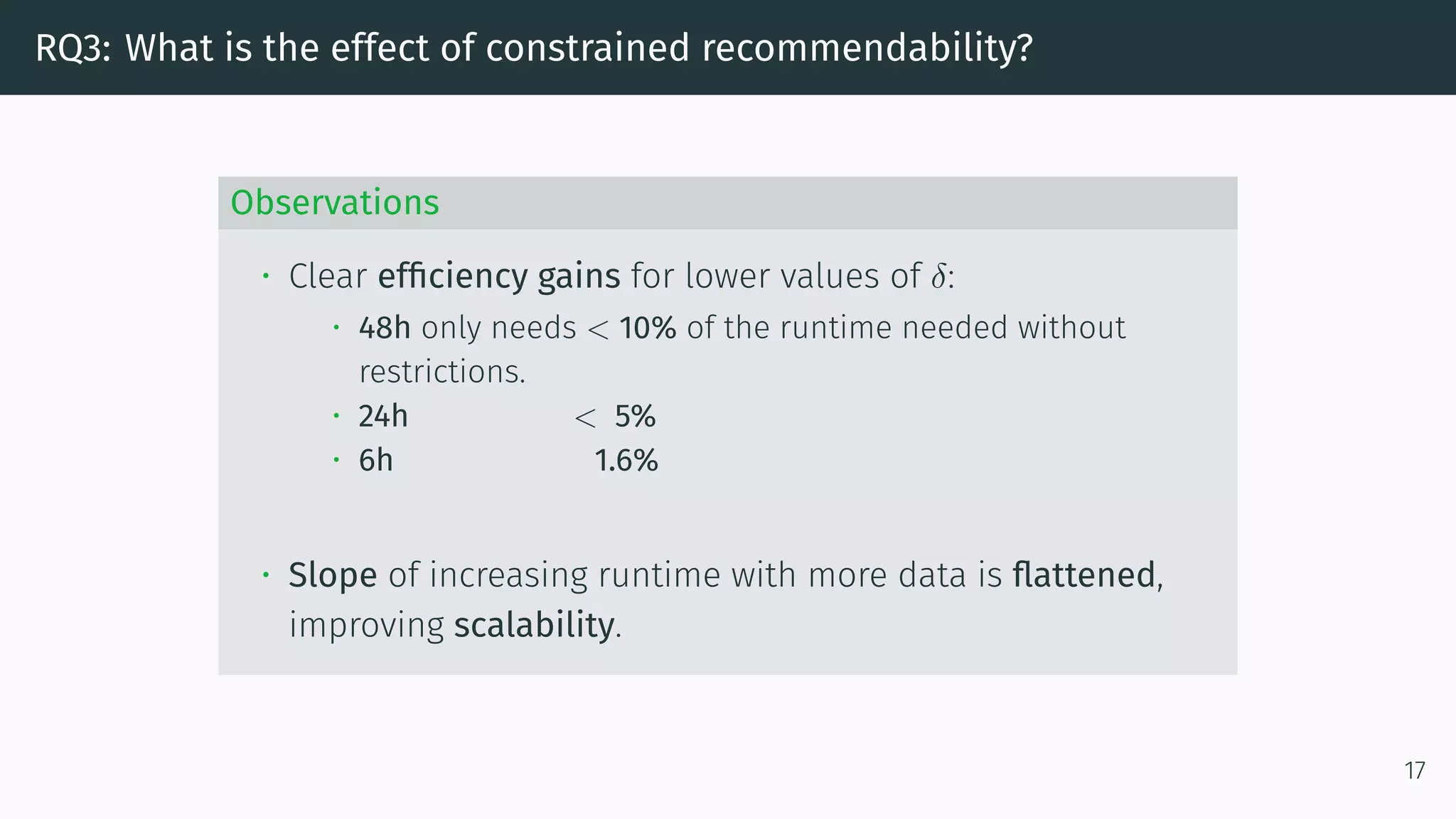 RQ3: What is the effect of constrained recommendability?
Observations
• Clear efficiency gains for lower values of δ:
• 48h only needs < 10% of the runtime needed without
restrictions.
• 24h < 5%
• 6h 1.6%
• Slope of increasing runtime with more data is flattened,
improving scalability.
17
 