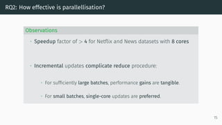 RQ2: How effective is parallellisation?
Observations
• Speedup factor of > 4 for Netflix and News datasets with 8 cores
• Incremental updates complicate reduce procedure:
• For sufficiently large batches, performance gains are tangible.
• For small batches, single-core updates are preferred.
15
 