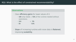 RQ3: What is the effect of constrained recommendability?
Observations
• Clear efficiency gains for lower values of δ:
• 48h only needs < 10% of the runtime needed without
restrictions.
• 24h < 5%
• 6h 1.6%
• Slope of increasing runtime with more data is flattened,
improving scalability.
17
 