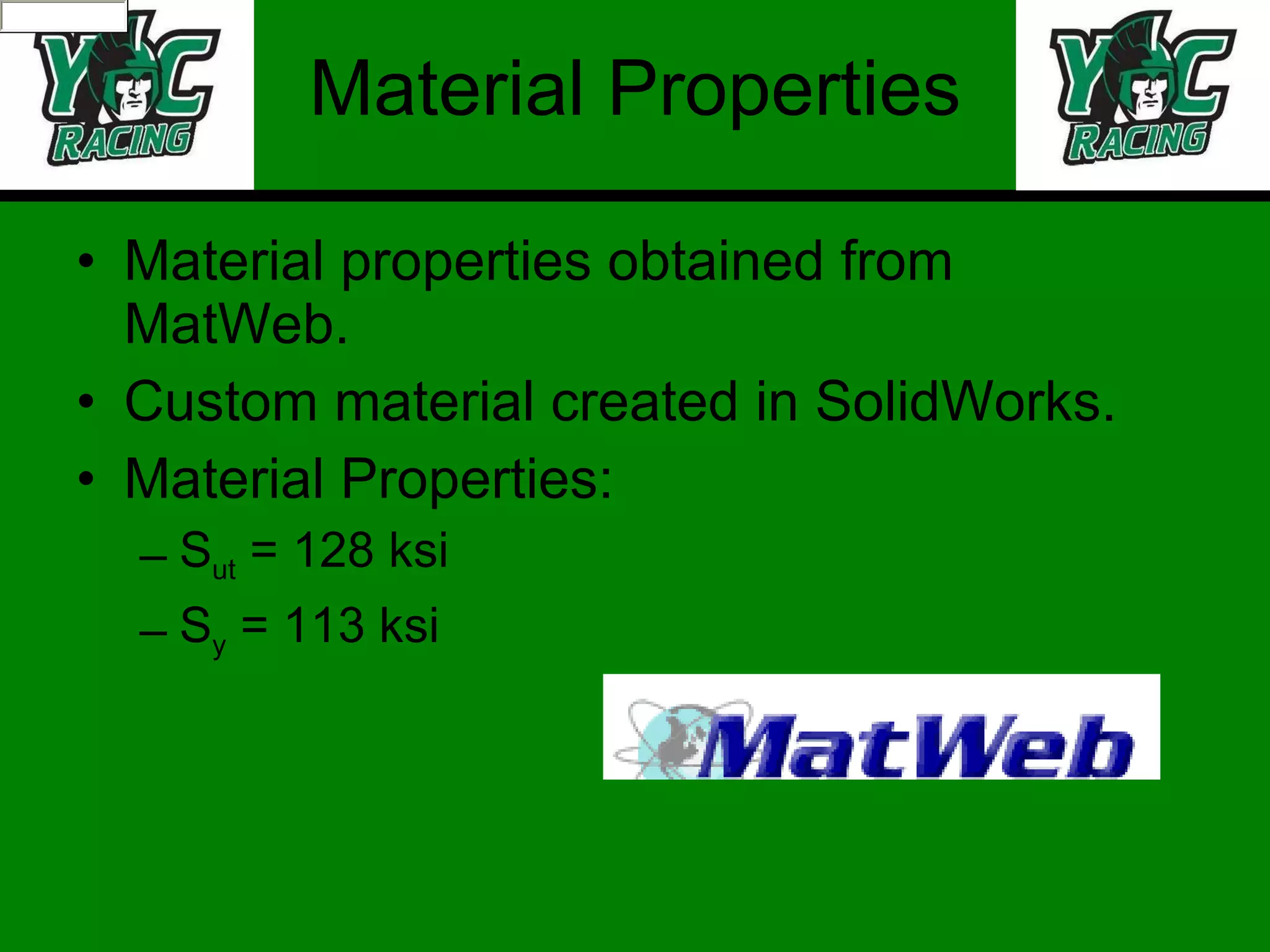 Material Properties Material properties obtained from MatWeb. Custom material created in SolidWorks. Material Properties: S ut  = 128 ksi S y  = 113 ksi 