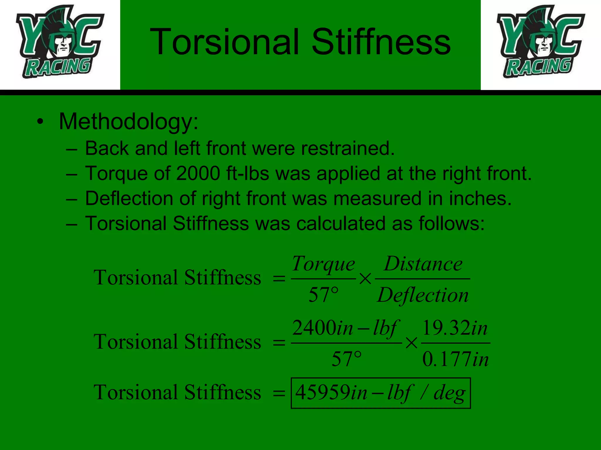 Torsional Stiffness Methodology: Back and left front were restrained. Torque of 2000 ft-lbs was applied at the right front. Deflection of right front was measured in inches. Torsional Stiffness was calculated as follows: 