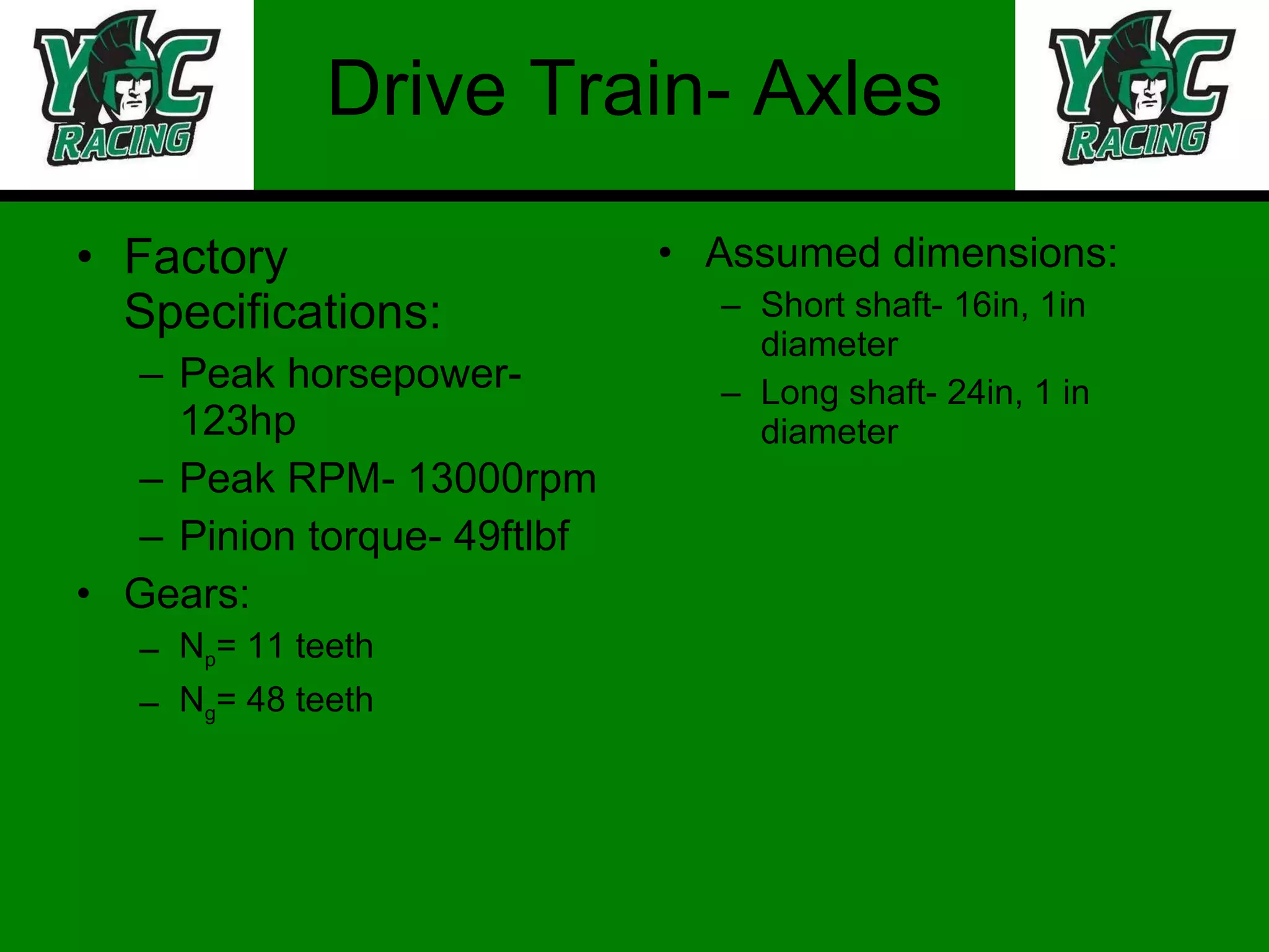 Drive Train- Axles Factory Specifications: Peak horsepower- 123hp Peak RPM- 13000rpm Pinion torque- 49ftlbf Gears: N p = 11 teeth N g = 48 teeth Assumed dimensions: Short shaft- 16in, 1in diameter Long shaft- 24in, 1 in diameter 
