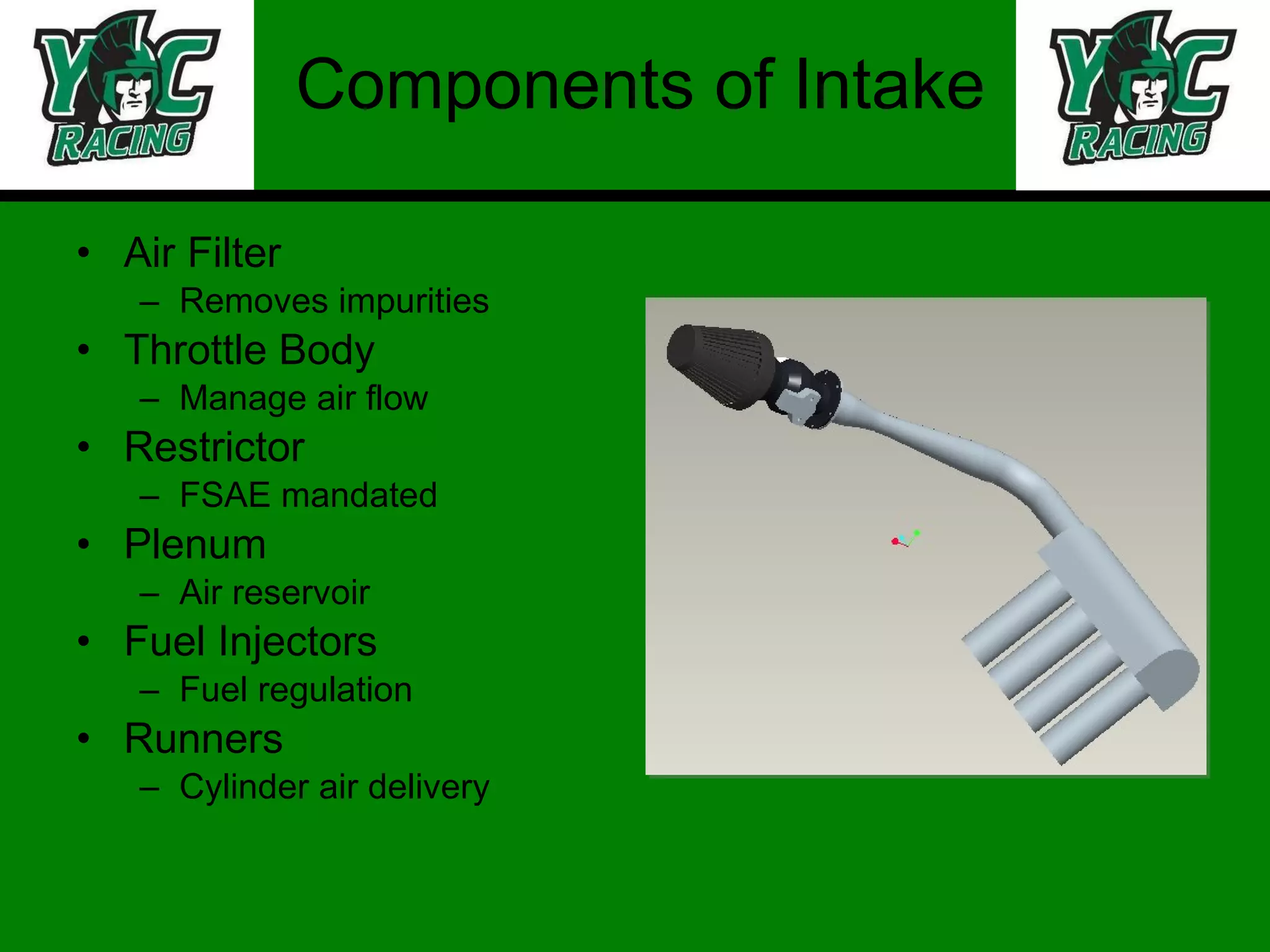 Components of Intake Air Filter Removes impurities Throttle Body Manage air flow Restrictor FSAE mandated Plenum Air reservoir Fuel Injectors Fuel regulation Runners Cylinder air delivery 