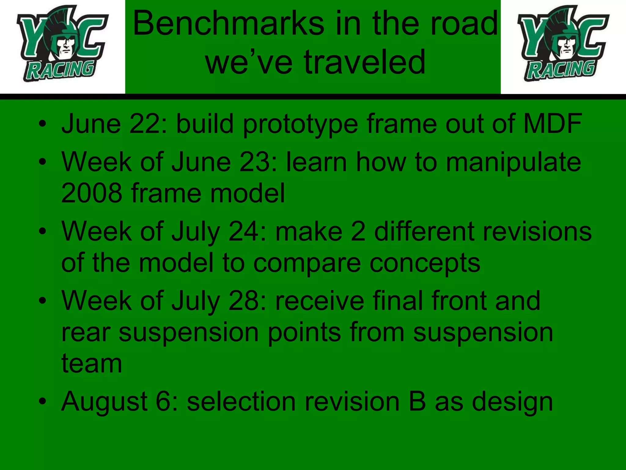 Benchmarks in the road we’ve traveled June 22: build prototype frame out of MDF Week of June 23: learn how to manipulate 2008 frame model Week of July 24: make 2 different revisions of the model to compare concepts Week of July 28: receive final front and rear suspension points from suspension team August 6: selection revision B as design 