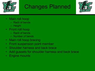 Changes Planned Main roll hoop  Radii of bends Height Front roll hoop Radii of bends Number of bends Main roll hoop bracing Front suspension point member Shoulder harness and back brace Add gussets for shoulder harness and back brace  Engine mounts 
