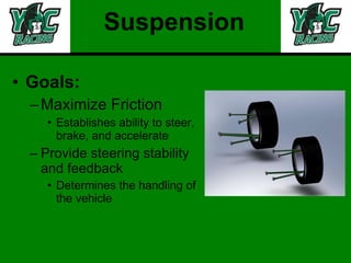 Suspension Goals:  Maximize Friction Establishes ability to steer, brake, and accelerate Provide steering stability and feedback Determines the handling of the vehicle 