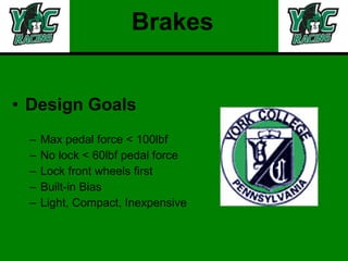 Brakes Design Goals Max pedal force < 100lbf  No lock < 60lbf pedal force Lock front wheels first Built-in Bias Light, Compact, Inexpensive 