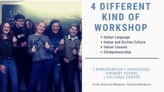 4 DIFFERENT
KIND OF
WORKSHOP
1 KINDERGARTEN 1 HIGHSCHOOL
1PRIMARY SCHOOL
1 CULTURAL CENTER
From Wola to Miedżna (Gminia Miedzna)
Italian Language
Italian and Sicilian Culture
Italian Cousine
Entrepreneurship
 