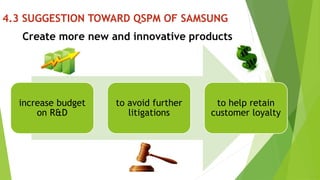 4.3 SUGGESTION TOWARD QSPM OF SAMSUNG 
Create more new and innovative products 
increase budget 
on R&D 
to avoid further 
litigations 
to help retain 
customer loyalty 
 