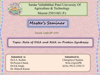 Sardar Vallabhbhai Patel University Of
Agriculture & Technology
Meerut-250110(U.P.)
Master’s Seminar
Course Code:GP-591
Topic :Role of DNA and RNA in Protein Synthesis
Submitted to Submitted by
Dr.S.A. Kerkhi, Charupriya Chauhan
Dr.Pooran Chand, M.Sc.(Ag),GPB
Dr.S.K.Singh, Id.No: PG/A-3392/15
Dr. Mukesh Kumar
 