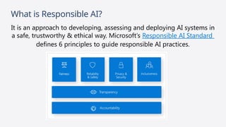 What is Responsible AI?
It is an approach to developing, assessing and deploying AI systems in
a safe, trustworthy & ethical way. Microsoft’s Responsible AI Standard
defines 6 principles to guide responsible AI practices.
 