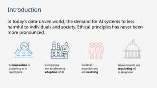Introduction
In today's data-driven world, the demand for AI systems to less
harmful to individuals and society. Ethical principles has never been
more pronounced.
Governments are
regulating AI
in response
AI innovation is
occurring at a
rapid pace
Societal
expectations
are evolving
Companies
are accelerating
adoption of AI
 