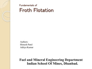 Fundamentals of 
Froth Flotation 
Authors: 
Himesh Patel 
Aditya Kumar 
Fuel and Mineral Engineering Department 
Indian School Of Mines, Dhanbad. 
 