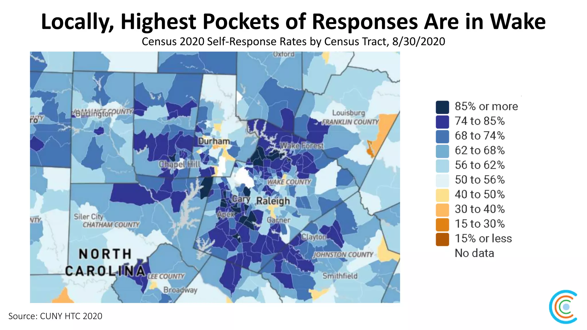 Locally, Highest Pockets of Responses Are in Wake
Census 2020 Self-Response Rates by Census Tract, 8/30/2020
Source: CUNY HTC 2020
 