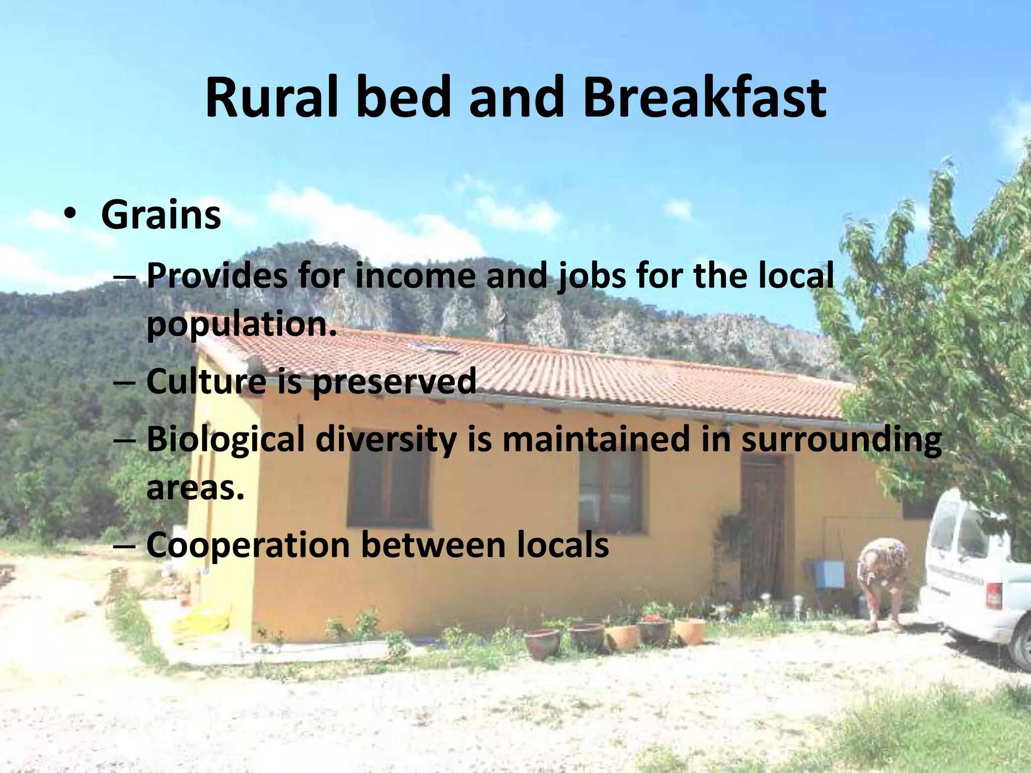 Rural bed and Breakfast
• Grains
– Provides for income and jobs for the local
population.
– Culture is preserved
– Biological diversity is maintained in surrounding
areas.
– Cooperation between locals
 