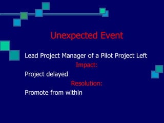 Unexpected Event Lead Project Manager of a Pilot Project Left Impact: Project delayed Resolution: Promote from within 
